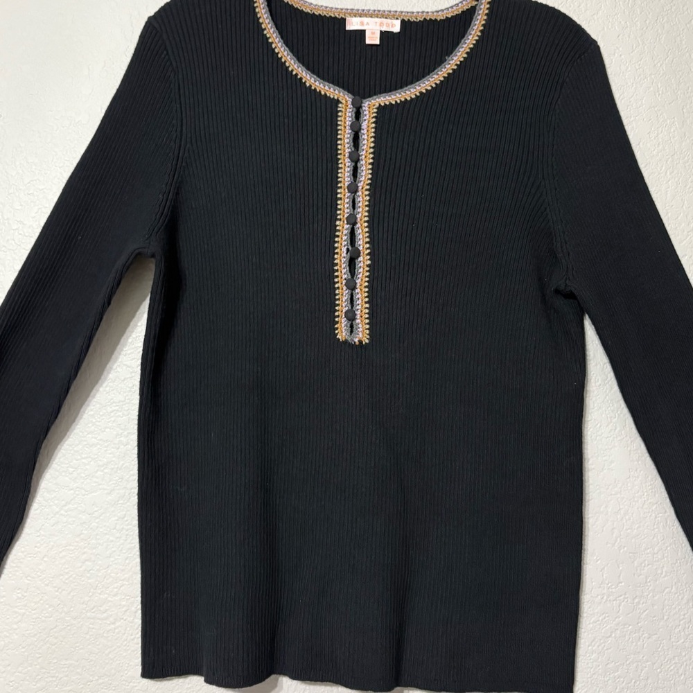 Lisa Todd The Patch Match, Ribbed Henley Black, Hand Crochet Lavender Trim